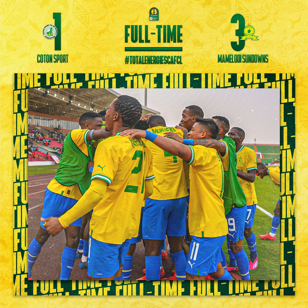 Masandawana's tweet photo. 3⃣ crucial points picked up in Cameroon! 🇨🇲 

Coton Sport (30' Wassou) 1⃣➖3⃣ Mamelodi Sundowns (10',43' Mailula, 12' Morena) 

#Sundowns #DownsLive #TotalEnergiesCAFCL https://t.co/iyo7lTuiw1