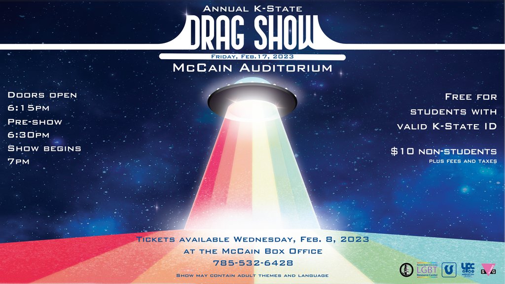 It's launch day! The Annual K-State Drag show is TONIGHT in McCain. The box office will remain open until the show starts at 7 pm.  ⁠Don't miss the "ship" and get your tickets!!⁠
⁠
🌌We are ready for an "Out of this world" experience!⁠
⁠
#makelifeeventful #kstate