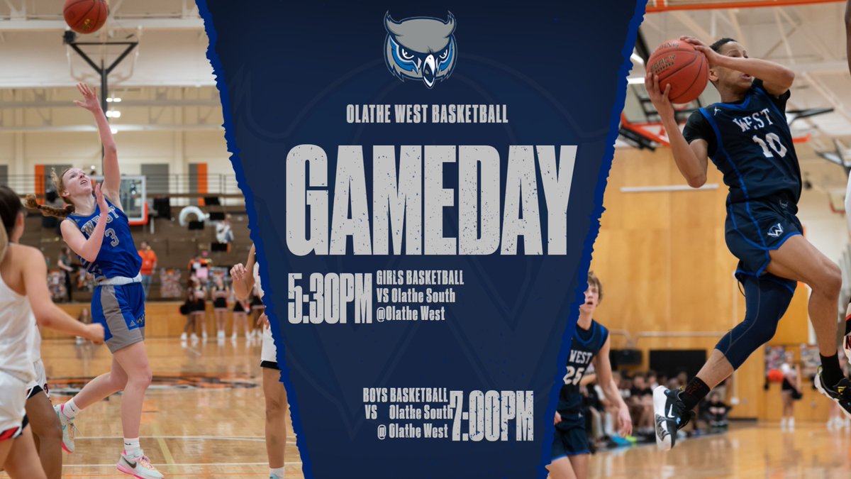 GAME DAY for OW Basketball!  <a href="/ow_owls/">OW Owls GBB</a> and <a href="/OW_Owls_Hoops/">West Owls Basketball</a> host Olathe South tonight at The Dub!
⏰Girls 5:30pm Boys 7:00pm
📍Olathe West
🎟️$5 Students $7 Adults
‼️Advanced Tickets: owowlsathletics.com/partner/28/eve…
📺nfhsnetwork.com