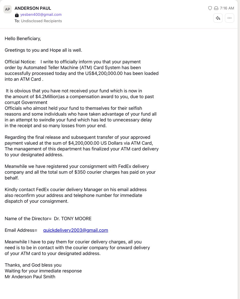 AlexCena_TX's tweet image. I guess enough people fall prey to these scams that there’s no shortage of scumbags in the world #phishing #emailscam