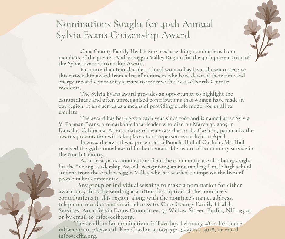 CCFHS_ORG's tweet photo. Nominations Sought for 40th Annual Sylvia Evans Citizenship Award https://t.co/m3rXurSG4M