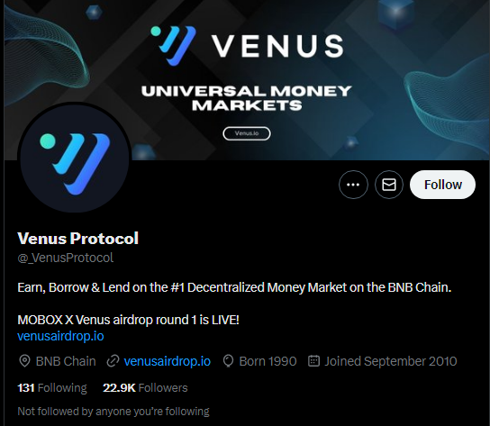 VenusProtocol's tweet photo. 🚨 ATTENTION VENUS USERS🚨

The account @_VenusProtocol showed below is a SCAM copycat of Venus. There aren't any ongoing airdrop. Please Report and Block. 

Do not fall for SCAM. https://t.co/SmZtCMQHr6