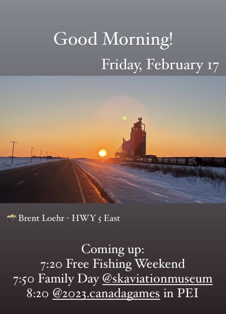 SaskMorningNews's tweet photo. Good morning on this Friday, February 17.

Coming up on Global News Morning:

All your local news and weather heading into the Family Day long weekend. 

@GlobalSimmonds live on-location with what you need to know for @WinterShinesSK ❄️☃️ https://t.co/pxL1yGjFj9