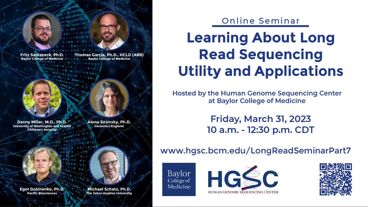 Join us for our long read seminar @BCM_HGSC on March 31 (10am CT). Talks about @nanopore & @PacBio from experts. 

Register here: hgsc.bcm.edu/LongReadSemina… 

Great lineup  (e.g. @mike_schatz @danrdanny & many others) to talk about advances & utility! #Genetics #CancerResearch