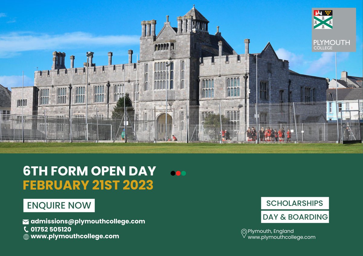 PlymouthCollege's tweet photo. 📣Last chance to book yourself in for our 6th Form Open Day next week!
📅Tuesday February 21st
📩If you are interested, please fill in this Google Form.
https://t.co/Rk8nIqyIsM

#openday #6thform https://t.co/Bag8RbrGQd