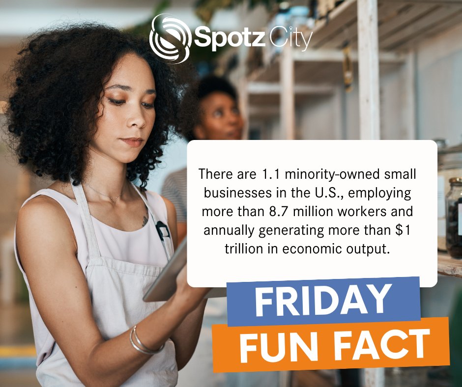 SpotzCity's tweet photo. A FABULOUS #FridayFact 

A round of applause to all the business owners out there- you make life better! 

#minorityowned #smallbusiness #womanowned #diversity #factfriday #workflow #fridayfacts #smallbusinessfacts #chicagosmallbusiness #diversitymatters #businessowners https://t.co/JhS5tyWOTm