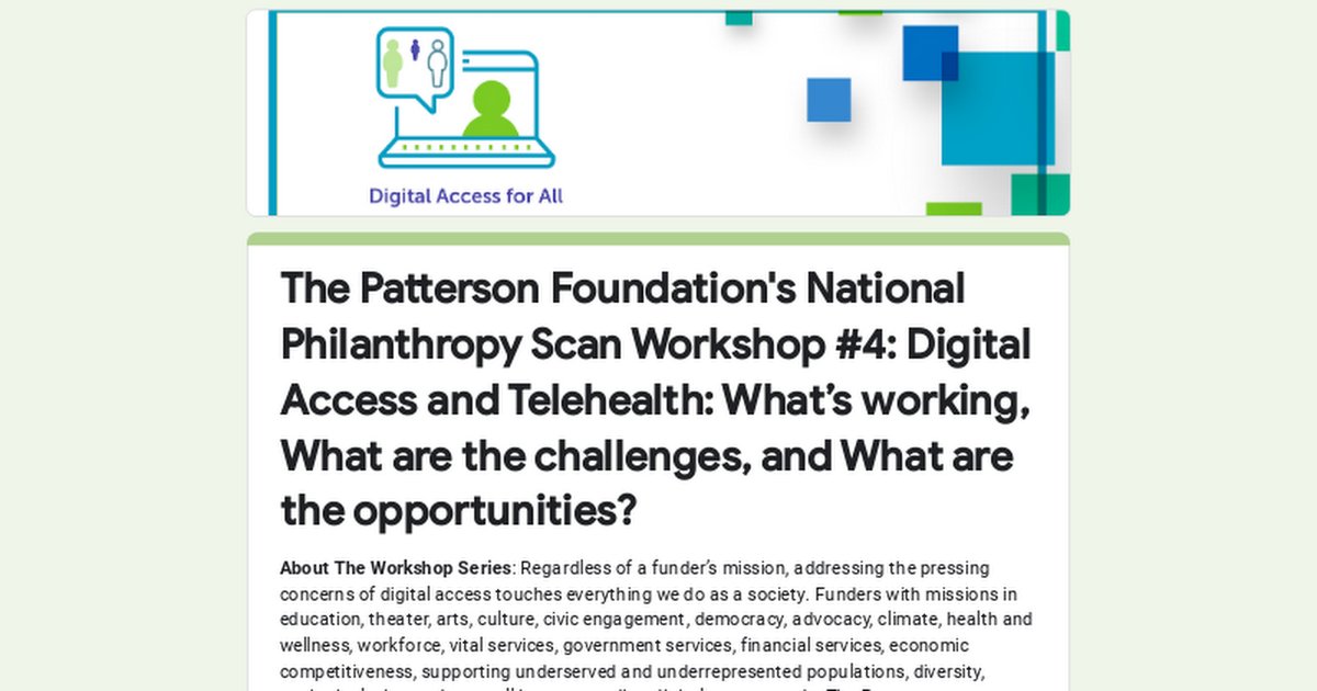 Attention #funders! Don't miss a ##funder2funder conversation hosted by <a href="/ThePattersonFdn/">The Patterson Foundation</a> and #readingby3rd on the challenges + opportunities for #digitalaccess and #telehealth on March 7. Register here buff.ly/4127tlJ #DigitalAccess4All #digitalinclusion