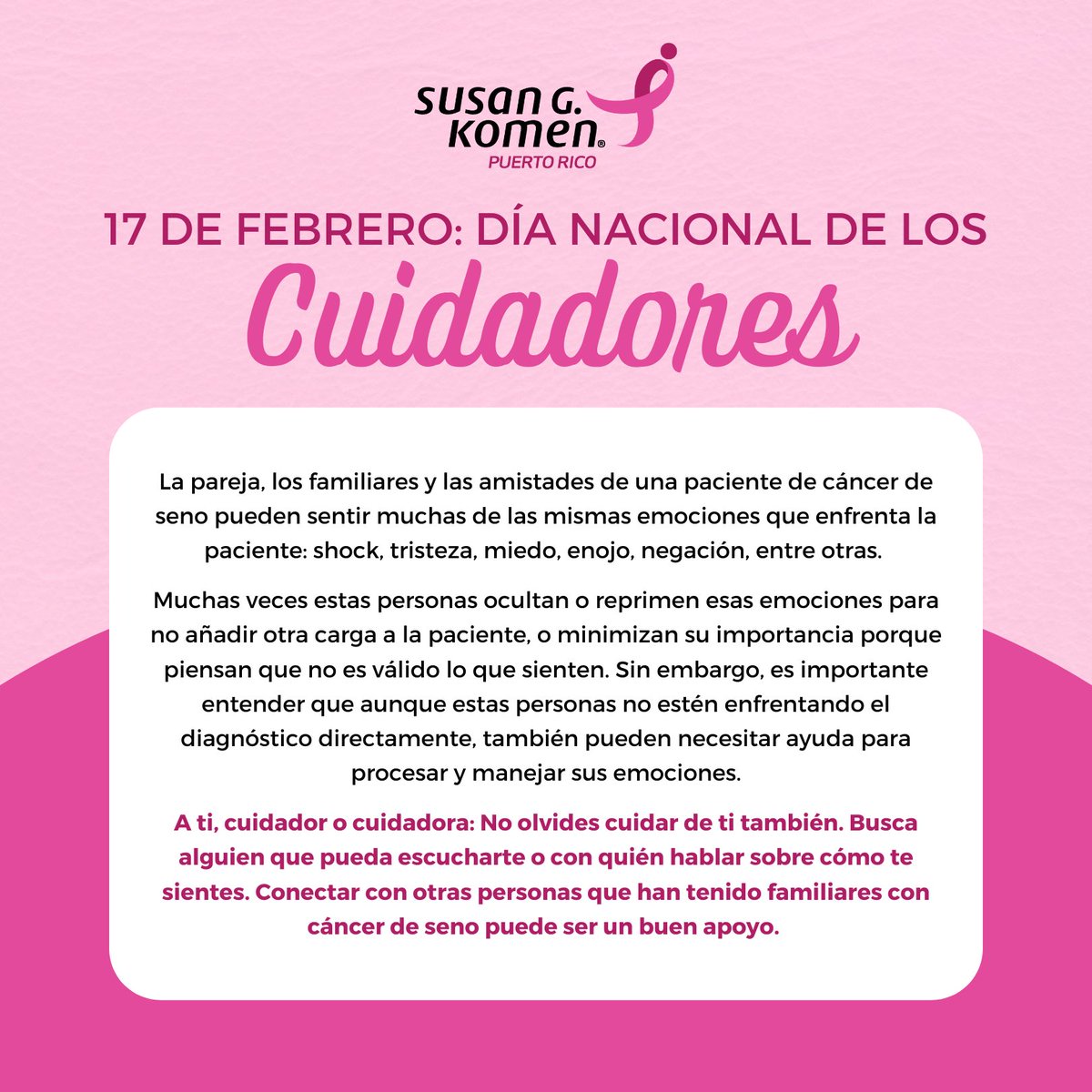 komenpr's tweet image. Hoy se conmemora el Día Nacional de los Cuidadores. 🫂 Por esa razón hoy reconocemos y agradecemos a esas personas que día a día se entregan para asegurar el bienestar y la calidad de vida de una paciente de cáncer de seno. 💓

#KomenPR