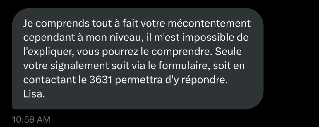 SuisMenes's tweet photo. @lisalaposte Oui. La voilà. Niveau d’aide et de résolution de problème proche de zéro. Pas étonné que cela vous satisfasse. Vous n´avez évidement pas saisi l’ampleur de la contrariété. https://t.co/2dIVzclnE5