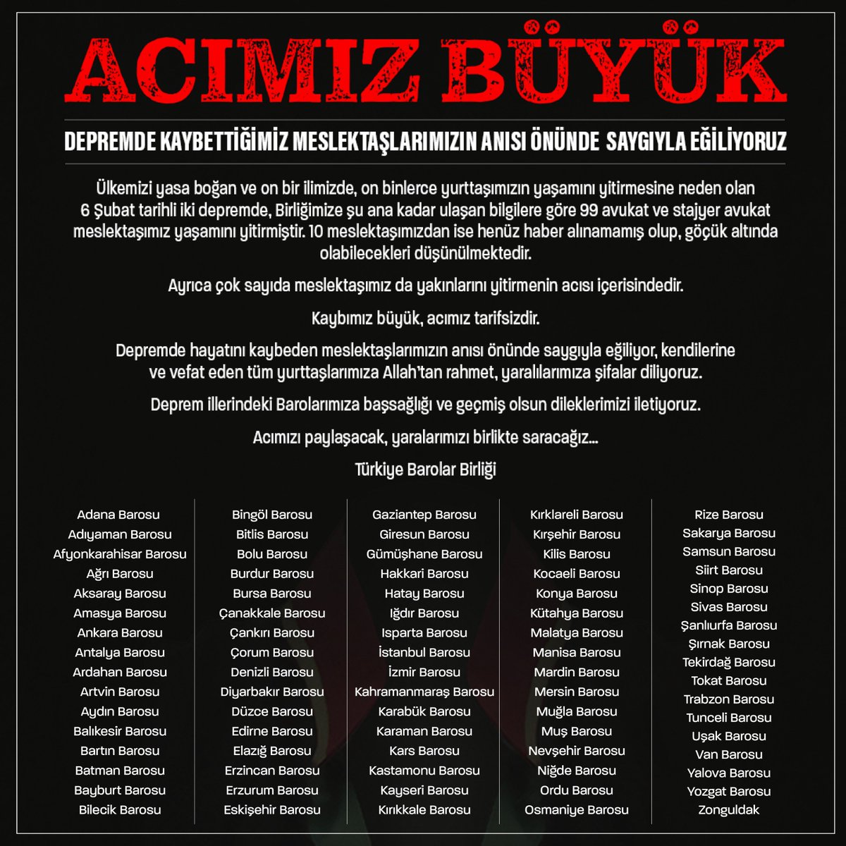ACIMIZ BÜYÜK...
Depremde Kaybettiğimiz Meslektaşlarımızın Anısı Önünde Saygıyla Eğiliyoruz

👉tbb.av.tr/823
