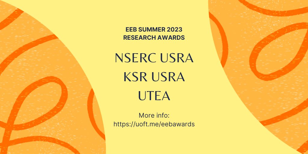 ☀️☀️ATTN UNDERGRADS☀️☀️
We are now accepting applications for Summer 2023 Research Awards: NSERC USRA, KSR USRA and UTEA! Application deadline: March 22, 2023 @ 4pm.

🥼🦕🥽More info &amp; details: uoft.me/eebawards 🐢🦋🌿