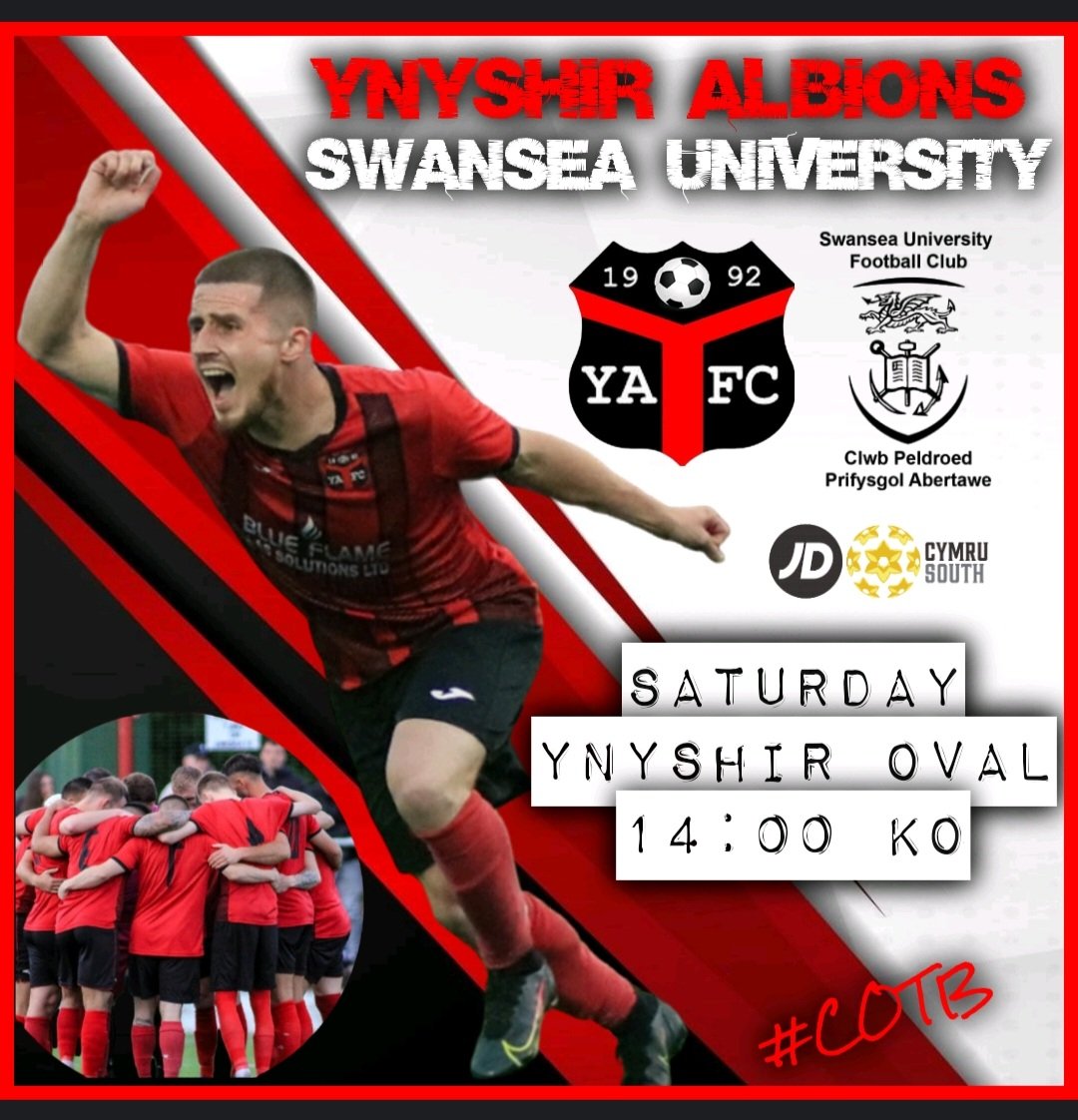 Reminder 👇

𝗧𝗢𝗠𝗢𝗥𝗥𝗢𝗪

JD Cymru South
<a href="/YAFCthebuns/">Ynyshir Albions FC</a> v @SwanseaUniFC 
Ynyshir Oval (CF39 0ET)
14:00 KO

The stakes are high, a game we simply can't lose. Our biggest and most important game of the season!

Get out and behind the boys, all support appreciated 👍

#COTB 🔴⚫️