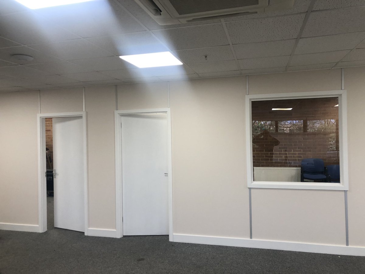 CountyCon's tweet photo. Office partition up this week with vinyl covering and eggshell woodwork https://t.co/6MJYRtosGq
