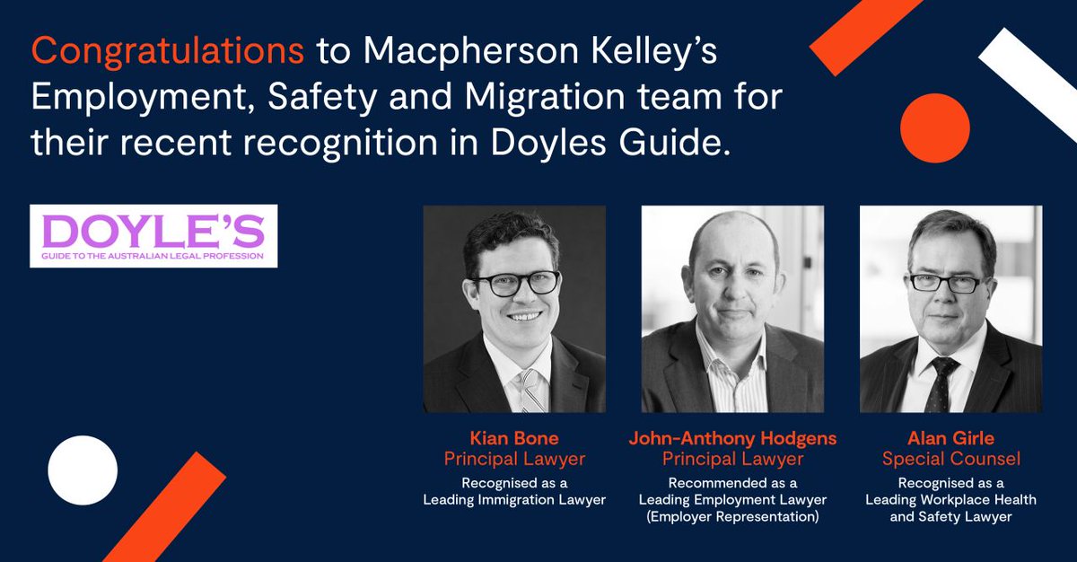 Congrats to our Employment, Safety and Migration team on cleaning up in Doyles Guide! John-Anthony Hodgens, Alan Girle and Kian Bone have all advised on fascinating matters in the sunshine state so excellent to see their efforts recognised.
 #DoylesGuide #leadinglawyers