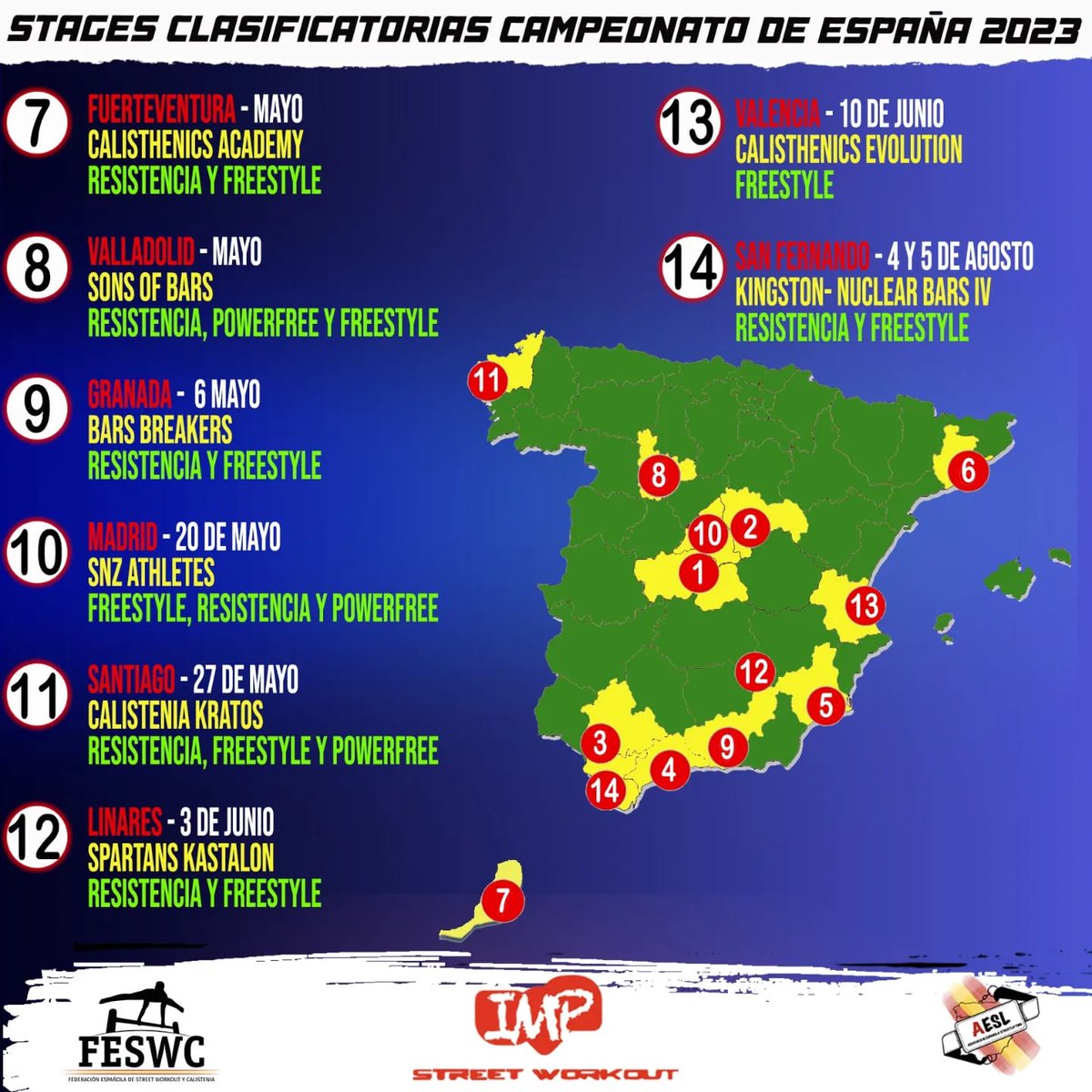 feswc_official's tweet photo. 🏆STAGES CLASIFICATORIAS CAMPEONATO DE ESPAÑA 2023
.
📌En la imagen tenéis todas las stages clasificatorias y las modalidades que se van a realizar en ellas.
#campeonatodeespañadecalistenia2023 #calistenia #streetlifting #streetworkout #deporte #fitness #entrenamiento #feswc https://t.co/Mp2vizMKGv