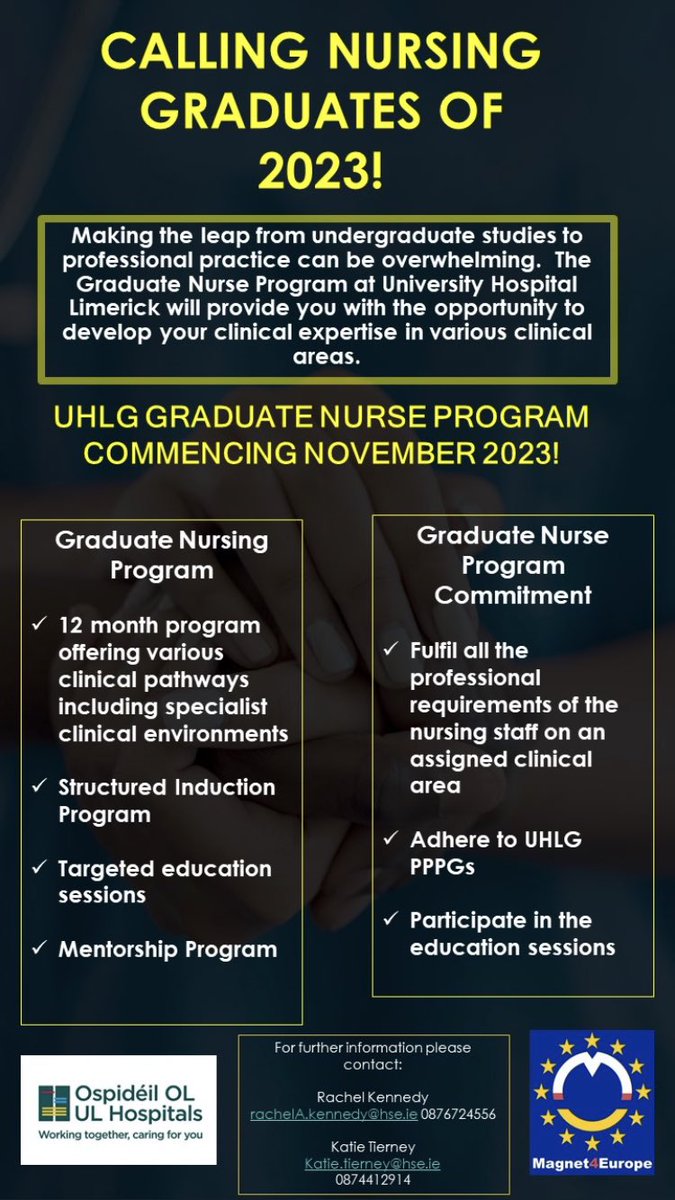 🚨 🚨 Calling the Nursing Graduates of 2023! @ULHospitals is offering Nurse Graduate Program commencing Autumn 2023. Apply online by 24th February hse.ie/eng/staff/jobs… 👩‍🎓 👨‍🎓 #clinicalexcellence #professionalpractice 🧲