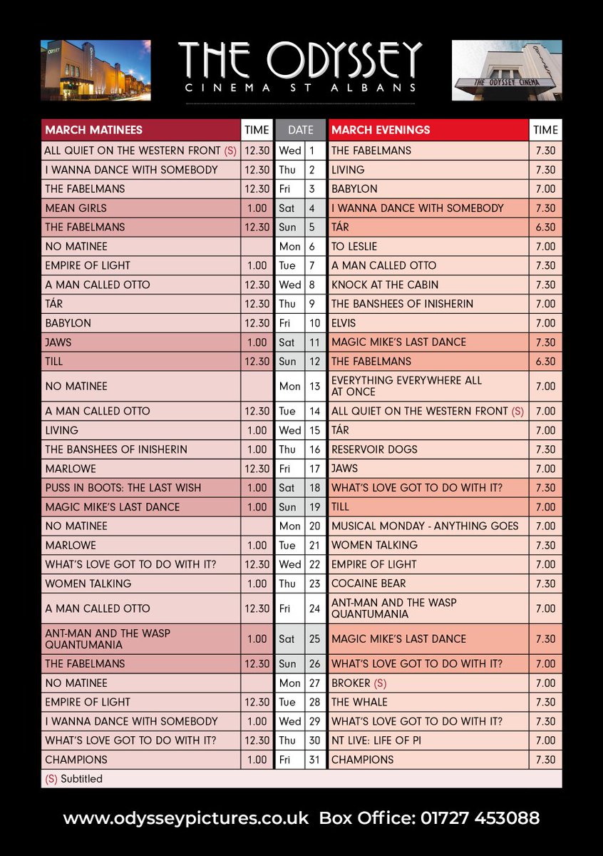 Our March Programme is now out and all films will be available to book from Saturday 18th from 10:30am you can book online at www,odysseypictures,co,uk, in person or via phone on 01727-453088