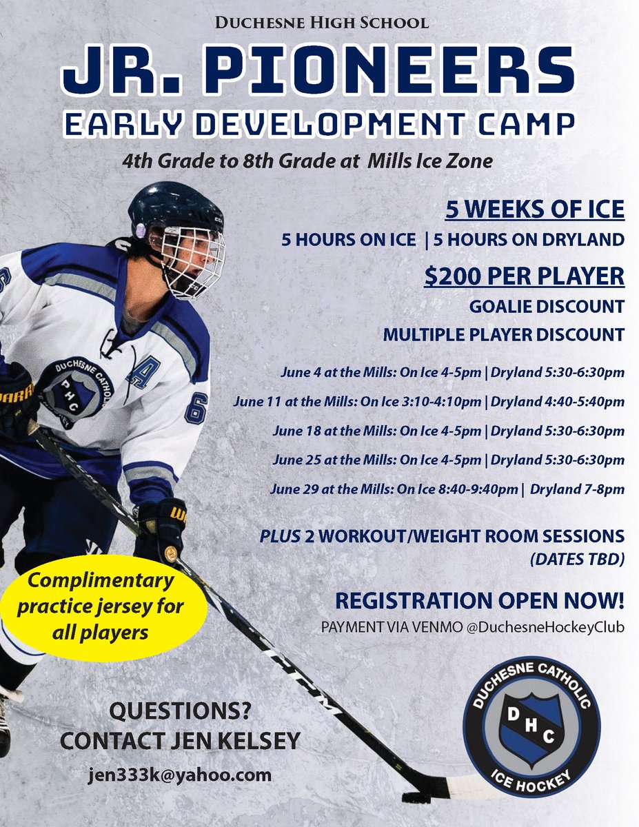 DuchesneHS's tweet photo. Ready to play some hockey? 

Registration is now open for our Jr. Pioneer Early Development Camp! 🏒

#DHSPioneers #HitTheIce https://t.co/O77D9JaIkU