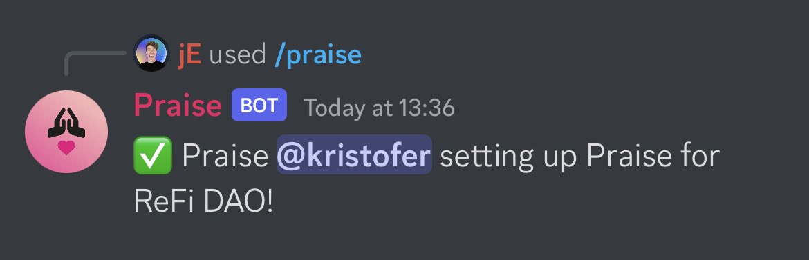 iamjohnellison's tweet photo. Super excited to announce that ⁦@givepraise⁩ is now LIVE inside of ⁦@ReFiDAOist⁩ discord! 

Just have praise to ⁦@kristoferlund⁩ for setting us up with our own Praise instance and to ⁦@usama_LFC⁩ for coordinating the workshops to bring this tool to life! https://t.co/BJPM5LQXti