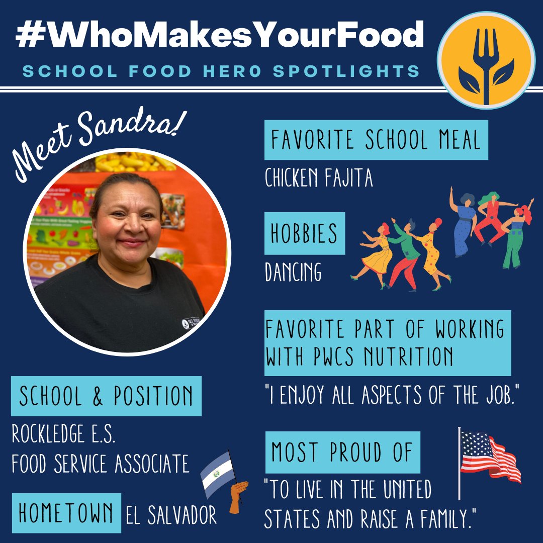 PWCSNutrition's tweet photo. Meet Sandra Torres, Food Service Associate at @RockledgePWCS! She has been serving @PWCSNews students for over 18 years! #WhoMakesYourFood #ServingTheFuture #SchoolLunch #NoKidHungry #SchoolLunchHero https://t.co/JTKxXPL1E3