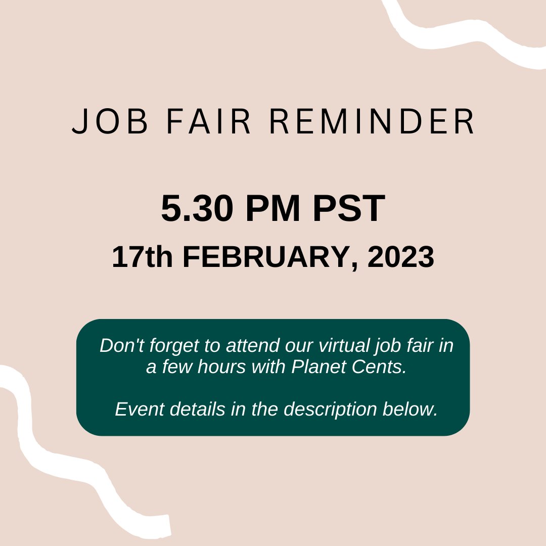 Our virtual job fair with Planet Cents is in a few hours! Inviting volunteers with multiple skills to attend and learn more about the roles. 
Sign up here (meeting link in the event details) - bit.ly/3k4d8Y2L 
See you in a bit :) #jobfair #impactjobs #climatesolutions