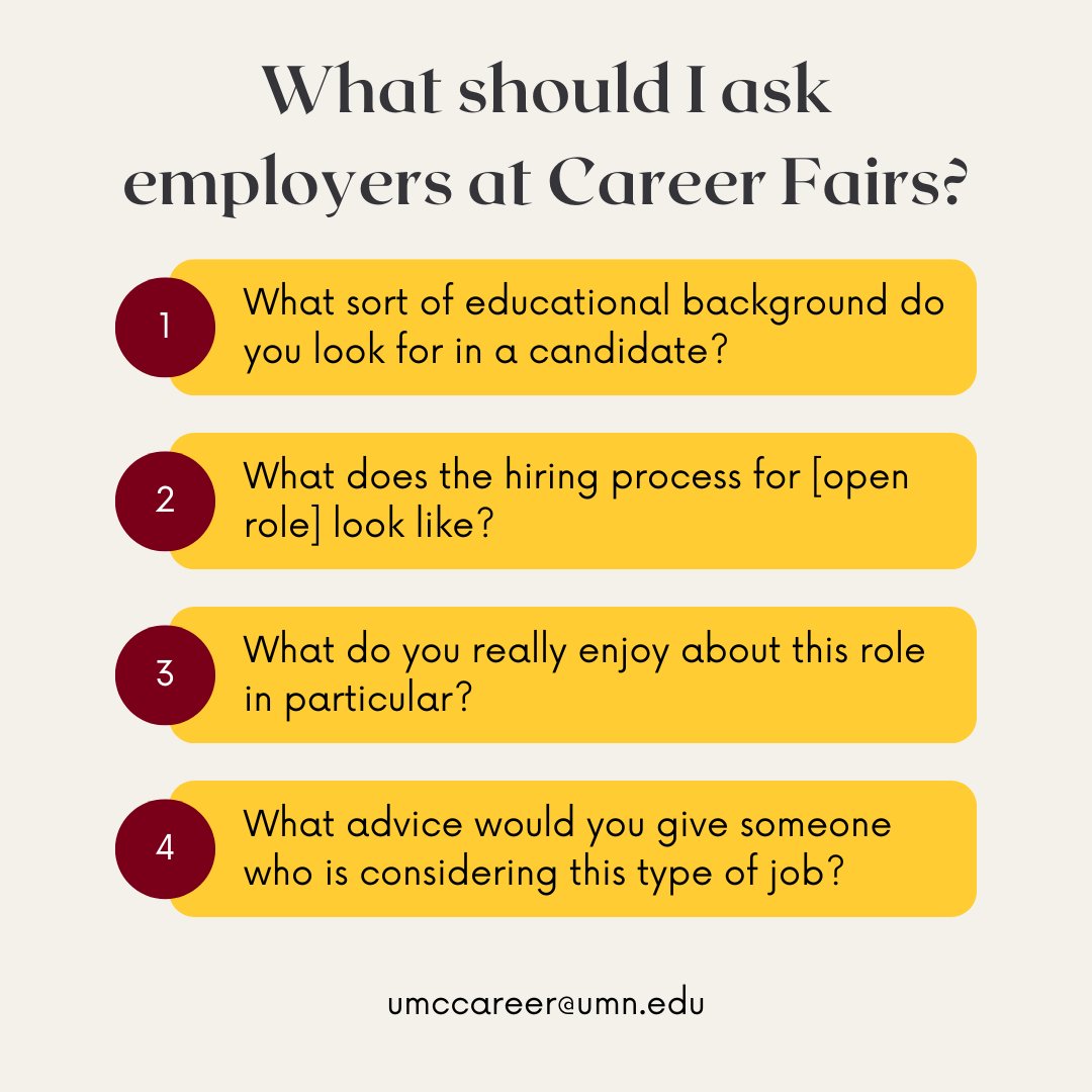 CareerUmc's tweet photo. The University of Minnesota Job &amp; Internship Fair is one week away! 

When preparing to attend a Career Fair, you should plan questions to ask employers. It’s a great way to network, and learn more about a position or field you are interested in! 

#UMNCrookston @UMNCrookston https://t.co/Vm6vNUFD5h