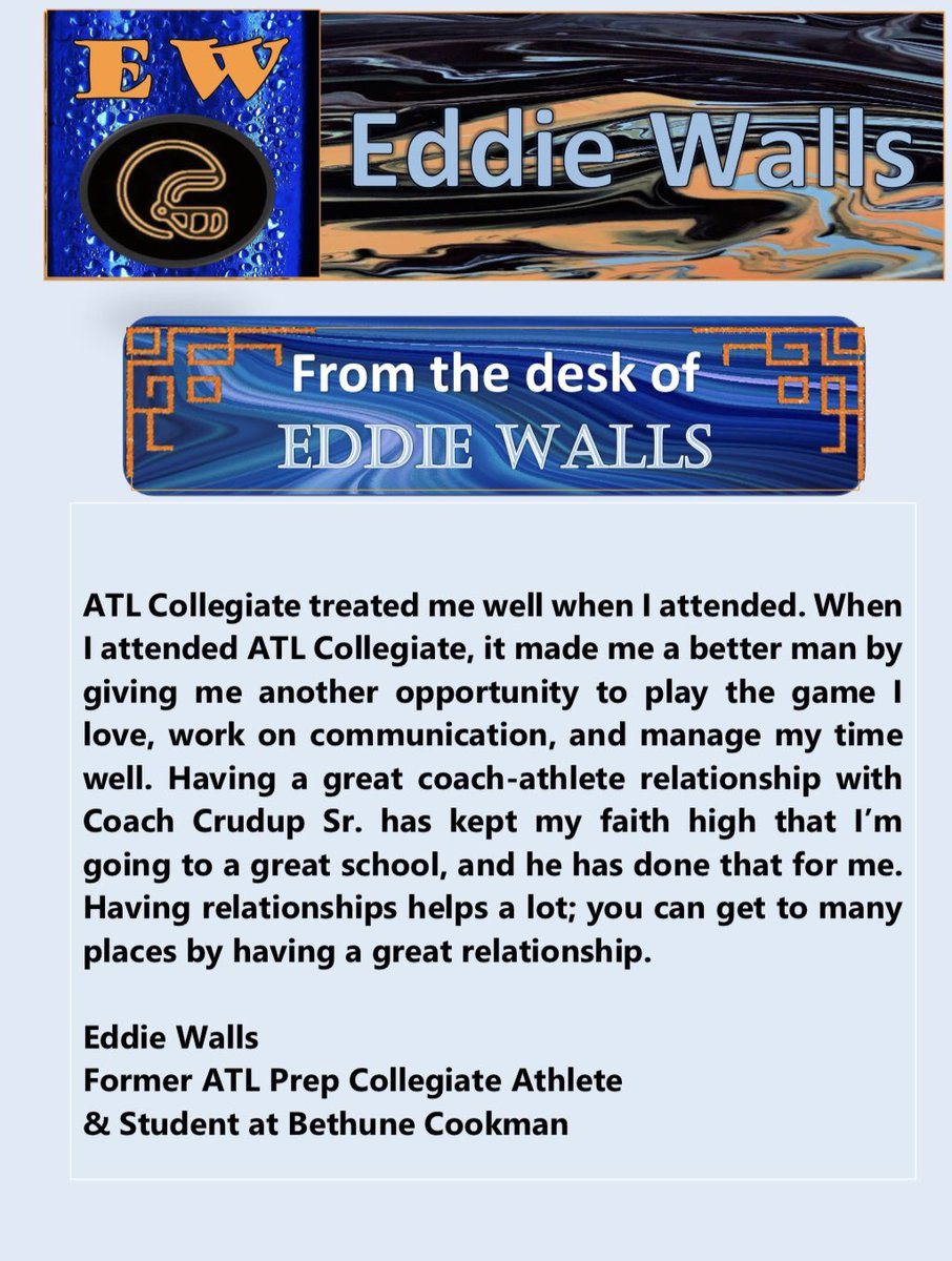 atl_prep's tweet image. ATL Collegiate Prep… Relationship is what it’s all about..Eddie had 0 offers when he  got here, and now Full Ride to BCU… He will play on Sunday.. Development and the will to get better.. #RamsUp. You can do it also.. This a great example of Full Time Effort =Full time Results