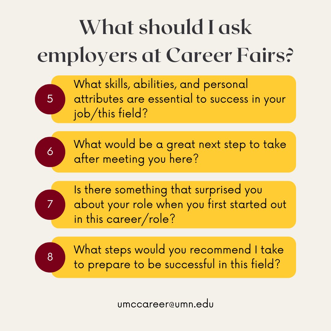 CareerUmc's tweet photo. The University of Minnesota Job &amp; Internship Fair is one week away! 

When preparing to attend a Career Fair, you should plan questions to ask employers. It’s a great way to network, and learn more about a position or field you are interested in! 

#UMNCrookston @UMNCrookston https://t.co/Vm6vNUFD5h