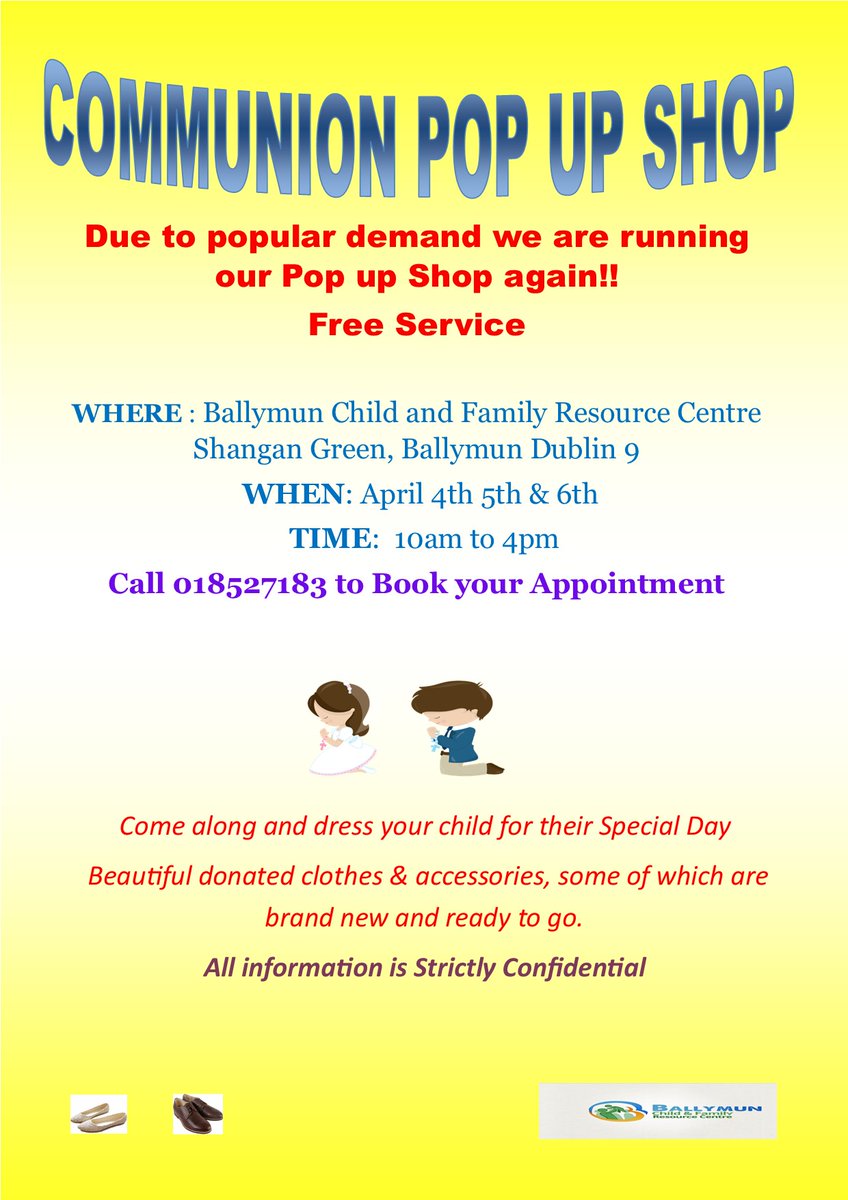 BCFRC1's tweet photo. Have a Communuion coming up this year and finding it quite expensive???
Why not call us on 01-8527183 to BOOK an appointment and take some of the #FinancialStress away, we have beautiful dresses, suits and accessories some of which are BRAND NEW for Girls &amp; Boys to choose from😀 https://t.co/T51eJjgtQO