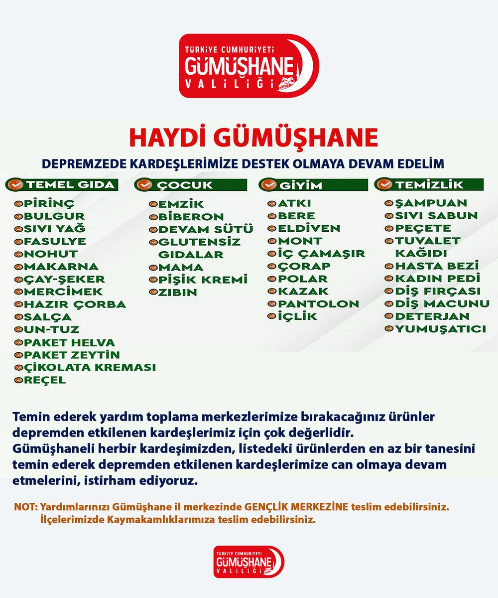 Ghanevalilik's tweet photo. HAYDİ GÜMÜŞHANE!
Kardeşlerimize Destek Olmaya Devam Edelim.🇹🇷 https://t.co/6kzPFYFhFz