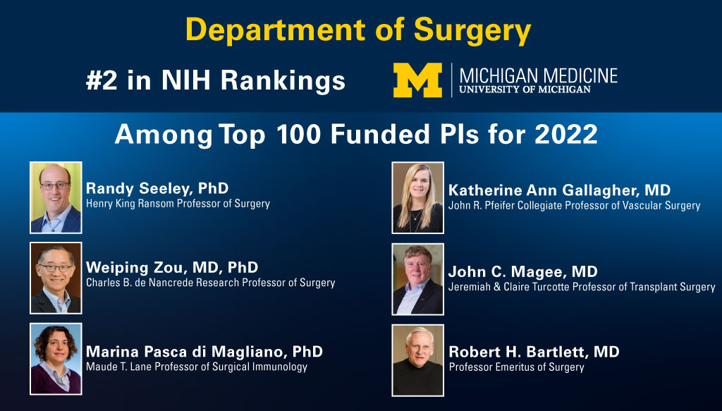 UMichSurgery's tweet photo. Heroes don't always wear capes, but they sometimes run labs.  

We're thrilled to be the #2 surgery department in NIH funding and we're so proud of the ���people👥 behind the work.

Among the top 100 funded PIs are 6⃣ of our own! 

About our research: https://t.co/SBZ02RO0VO https://t.co/t8J6ptNdKg