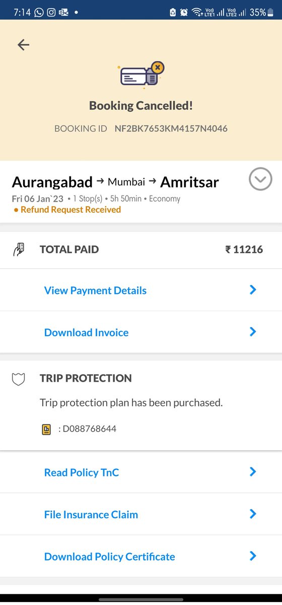 thisisnavisingh's tweet photo. @makemytrip @makemytripcare @airindiain I had raised the cancel request on 6jan23 today is almost 1ndhalf month. No option to contact makemytrip support via cal or mail only chat via your pathetic interface app. I tried calling Air India they didn't receive refund request. Cheat! https://t.co/iZgLJr3K7l