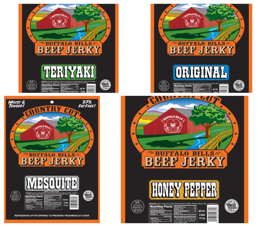 ChooChooRSnacks's tweet photo. Introduced in 2005, Buffalo Bills Country Cut Beef Jerky is one of our hottest beef jerky selling products. Customers nationwide find it simply addictive. Which flavor do you find the most addictive? #bbjerky #Jerkyrules #jerky #beefjerky https://t.co/ngSZZ9uwiC
