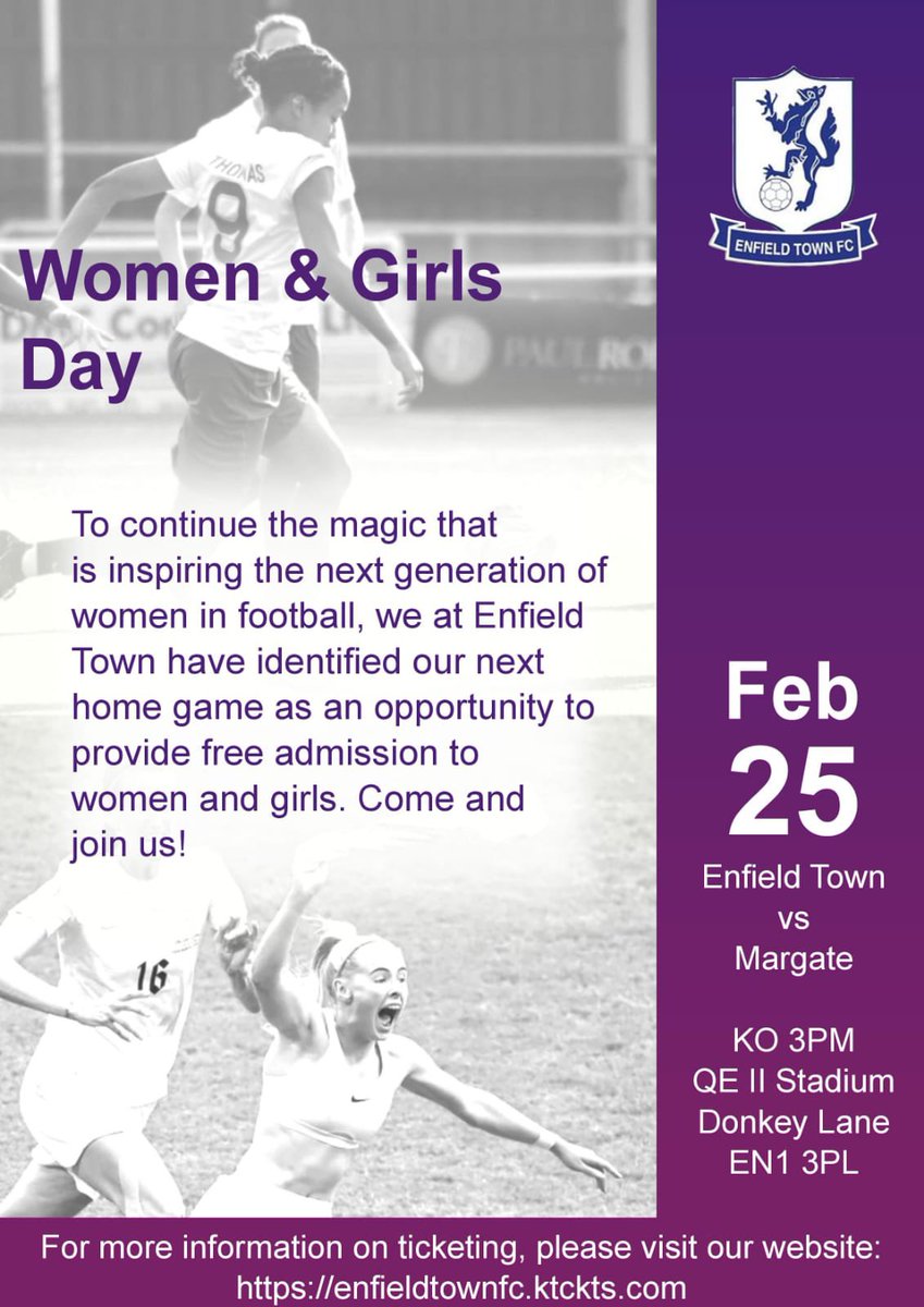 DIARIES OUT WOMEN AND GIRLS GET FREE ENTRY⚽️

We’re celebrating the growing involvement of women and girls in football by having our Annual Women+Girls Day at next Saturdays Home League game v’s Margate 3pm KO.
All Women and Girls will be admitted free of charge.

Up The Towners