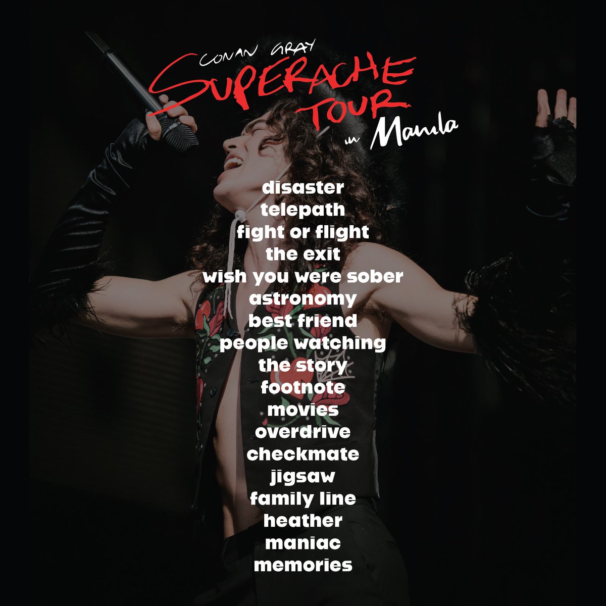 conangrayphil's tweet photo. Here's the setlist of #SuperacheAsiaTour2023 ❤️

Let's sing along with @conangray tomorrow! 🥺

Spotify link – https://t.co/4qzQf90eBy

#ConanGray #ConanGrayinMNL #SuperacheTourPH https://t.co/T0H3m8tfZ6