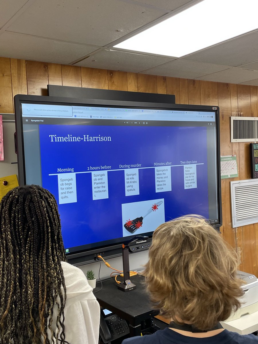 HeatherPinones's tweet photo. We ended the Argumentative unit with the Trial of SpongeBob SquarePants. Our students did amazing picking out accurate evidence to support their “guilty” vs “innocent” claims! 👍🏼 They even brought tangible evidence from home.😂  #SmithMS_CFISD #Smith_ELA_CCIS https://t.co/gxrkGFu7Y7