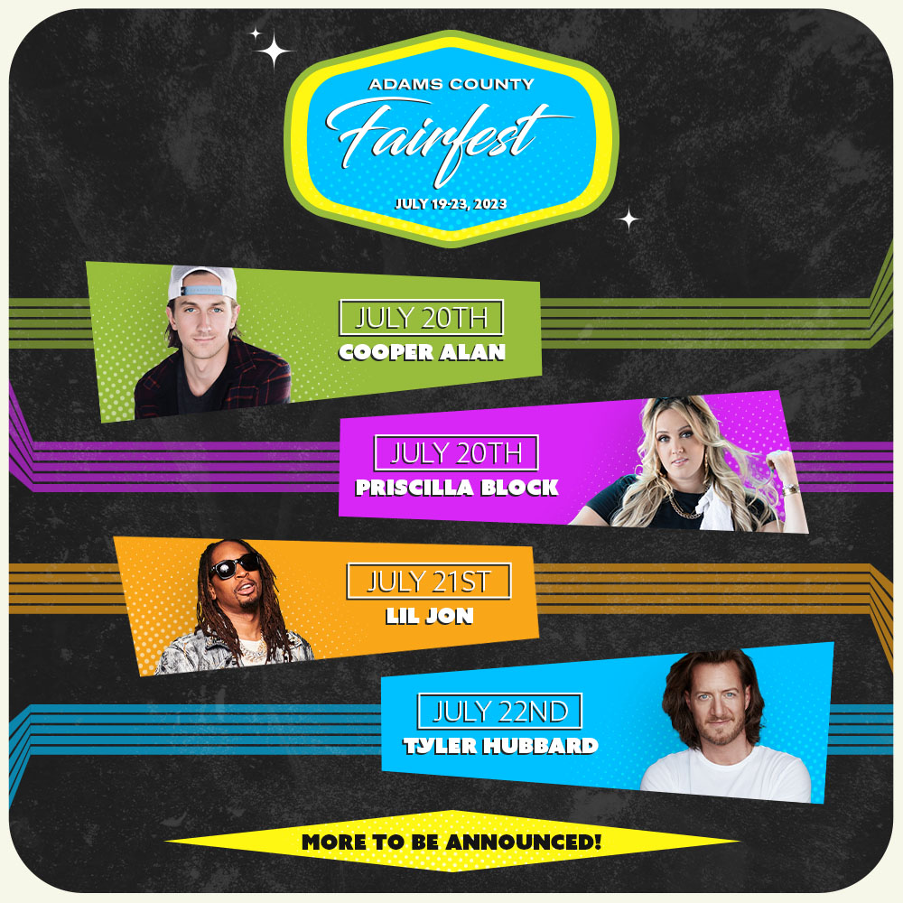ACFairFest's tweet photo. 🎆 Adams County Fairfest 2023 Lineup Is Here! 
🎫 Tickets go on Sale 2/20 at 8am CT https://t.co/XIvK2eIDNN