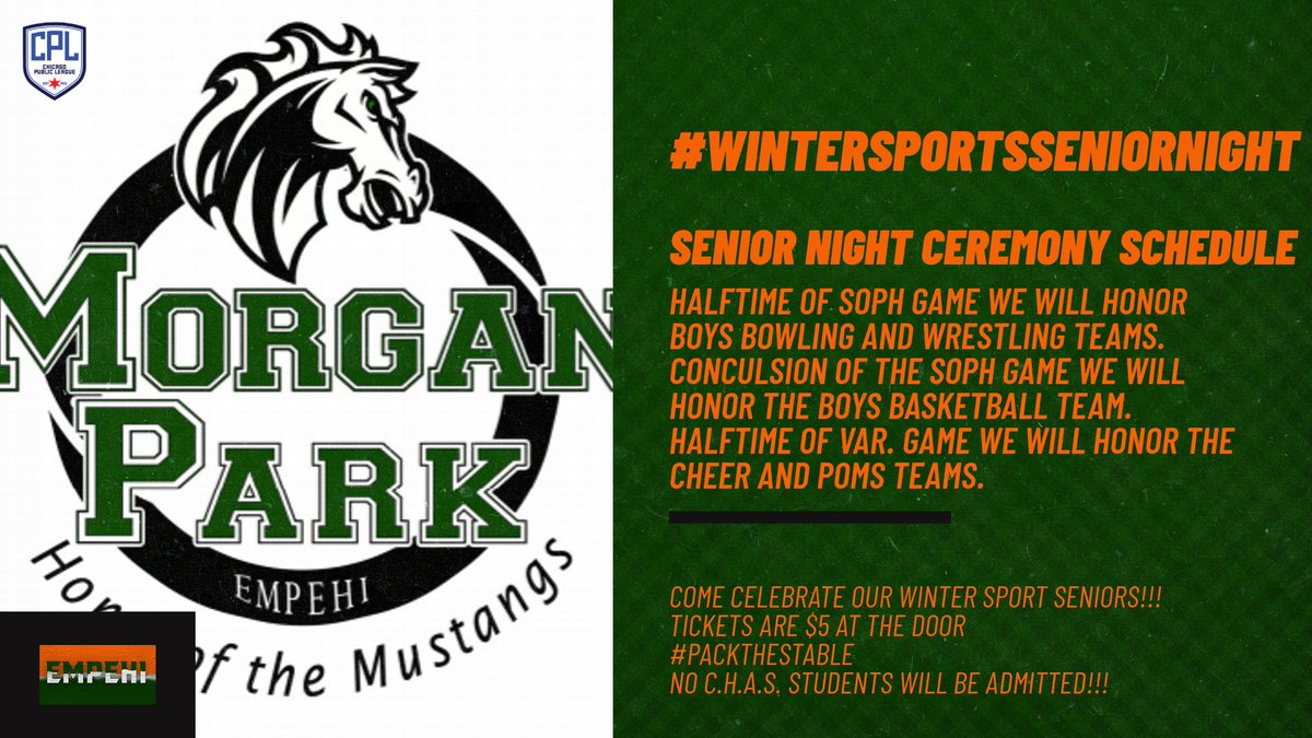 EMPEHIAthletics's tweet photo. Come out and support our Morgan Park Winter Sports Seniors!!! Tonight #PackTheStable #1744 #empehi #ULeaveMPMPWillNotLeaveU @morganparkad @CPLAthletics @Tim_OBrien10 @EMPEHI4Ever @mikeclarkpreps @michaelsobrien @Millar_S https://t.co/MDbpeuRfMX