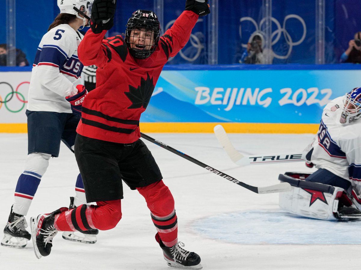 TeamCanada's tweet photo. On this day at #Beijing2022 🤩 #TeamCanada won gold in women's hockey. 

Canada went undefeated in the tournament and defeated the USA 3-2 in the final. It was Canada's 5th Olympic gold in women's hockey, but first in 8 years👏 https://t.co/mtENxOm47g