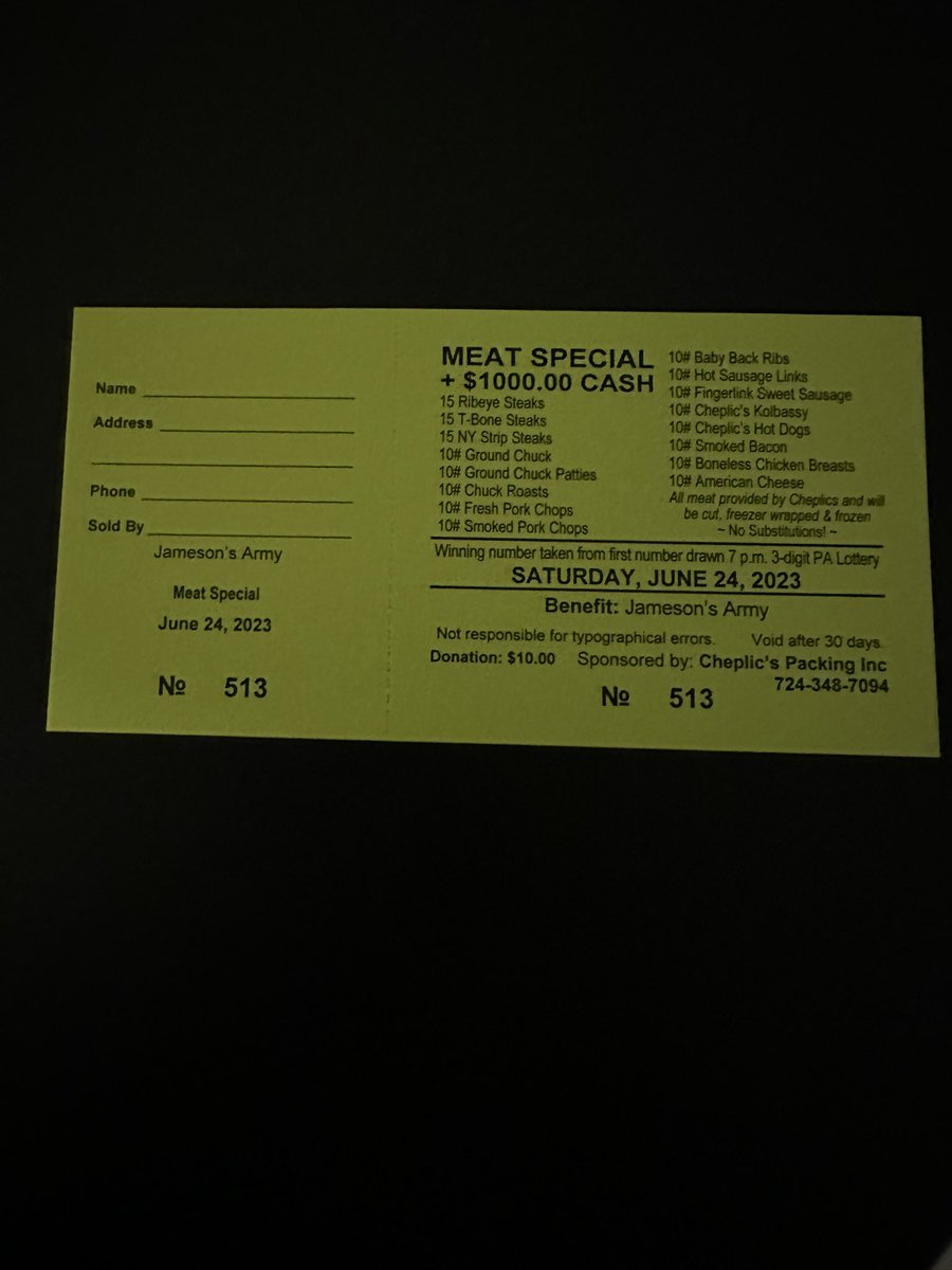 JamesonsArmy's tweet photo. Jameson’s Army is selling raffle tickets for a meat special and $1000 cash!  Winner is based off of the PA lottery on 6/24/23.  Tickets are $10!!!!  Message me if you’re interested.  We have PayPal, Venmo @JamesonsArmy or mail to P.O. Box 46 Cecil, PA 15321.    Thank you! https://t.co/NnxvxsEWX2