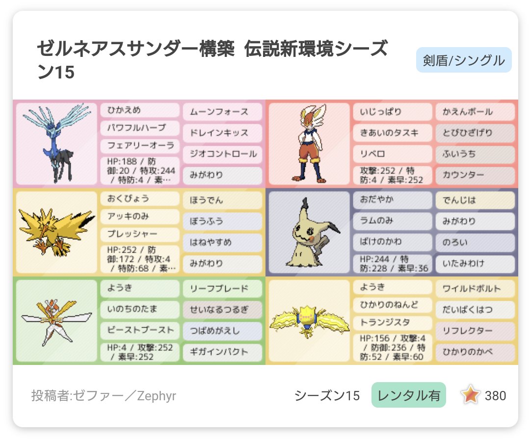 Zephyr_Pokemon's tweet photo. みなさんこんにちは！ポケモン徹底攻略に構築記事を上げている、伝説使いのゼファー(Zephyr)と申します。
剣盾ではポケモン別構築好評価数第1位を日食ネクロズマ構築、ゼルネアス構築で記録しました。
SVではパラドックス構築が現在、全構築中好評価数第2位、パラドックス入りの構築中第1位です。 https://t.co/RjqxJdCJFw