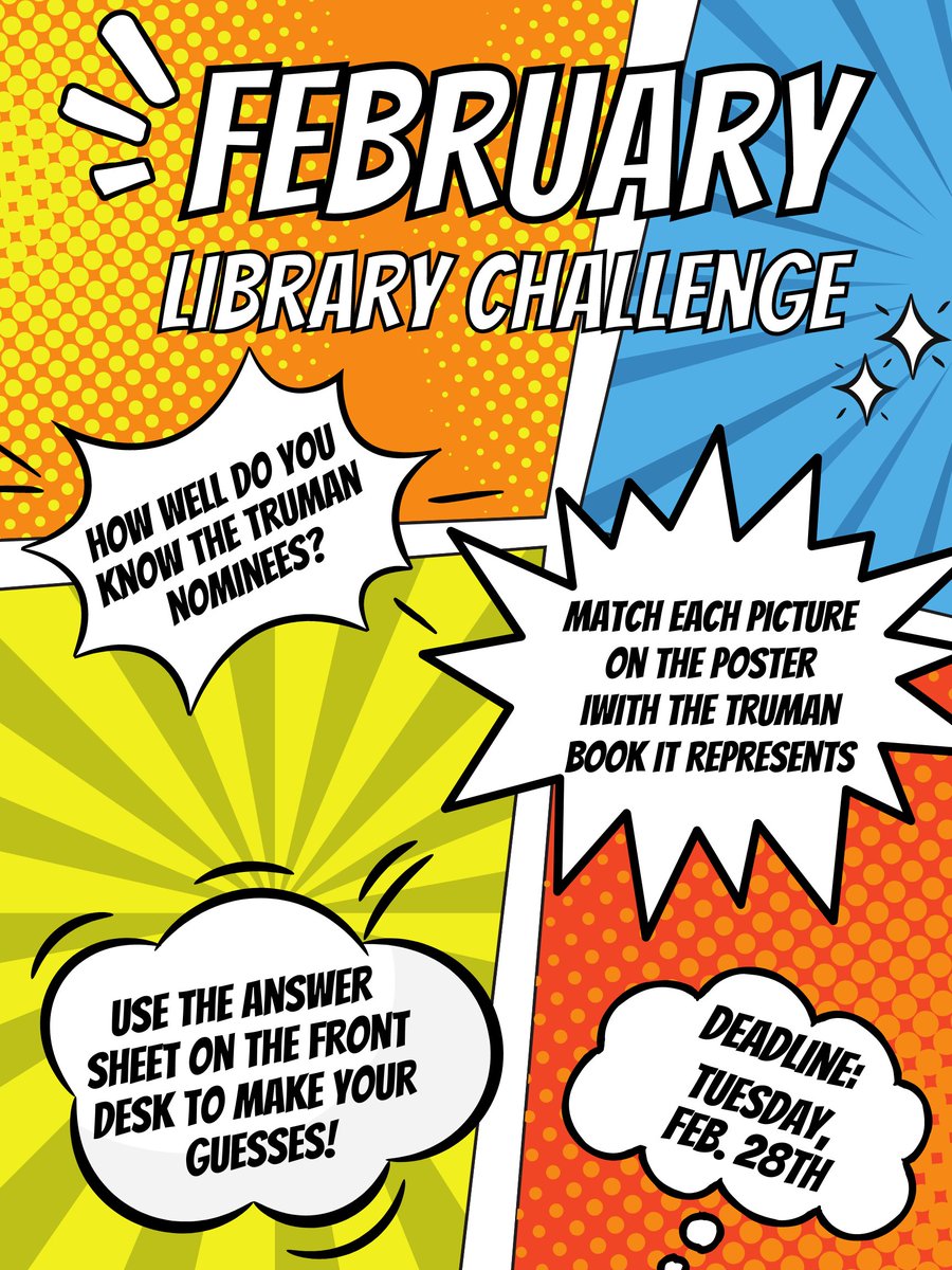 LibraryNpms's tweet image. Don&apos;t forget to stop by the library and work on our February challenge! See how well you know this year&apos;s Truman nominees by matching each book with the picture that represents it. You have until February 28th to submit your guesses! #NPMSGrizzlies #WSDLibraries