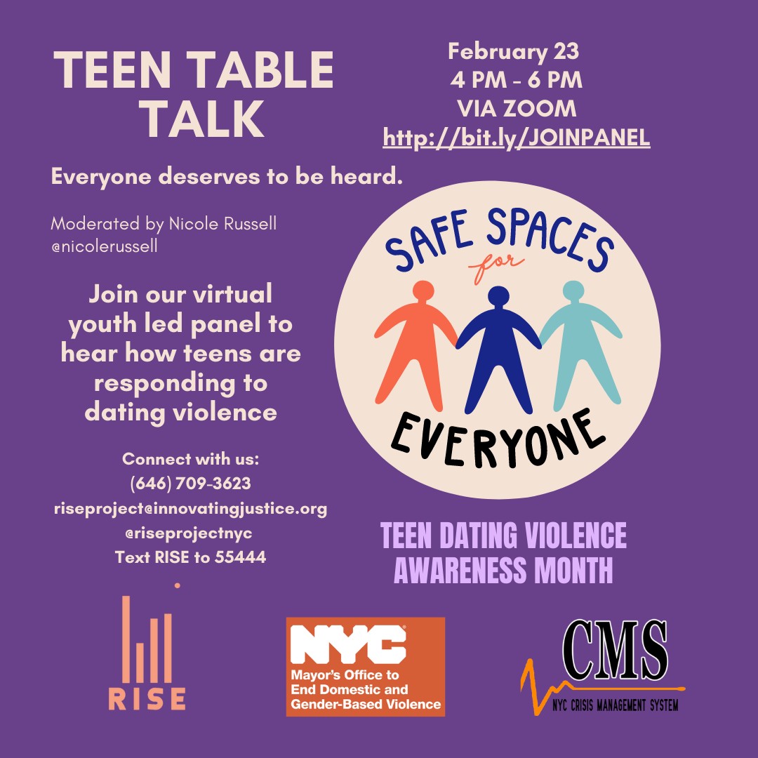 @riseprojectnyc is putting young people at the forefront of the conversation for TEEN DATING VIOLENCE AWARNESS MONTH. JOIN US Thu. 02/23, 4 pm for a youth-led panel discussion on TDV, its impacts, & how adults can better support teens. #awarenesshelphope  Bit.ly/JOINPANEL