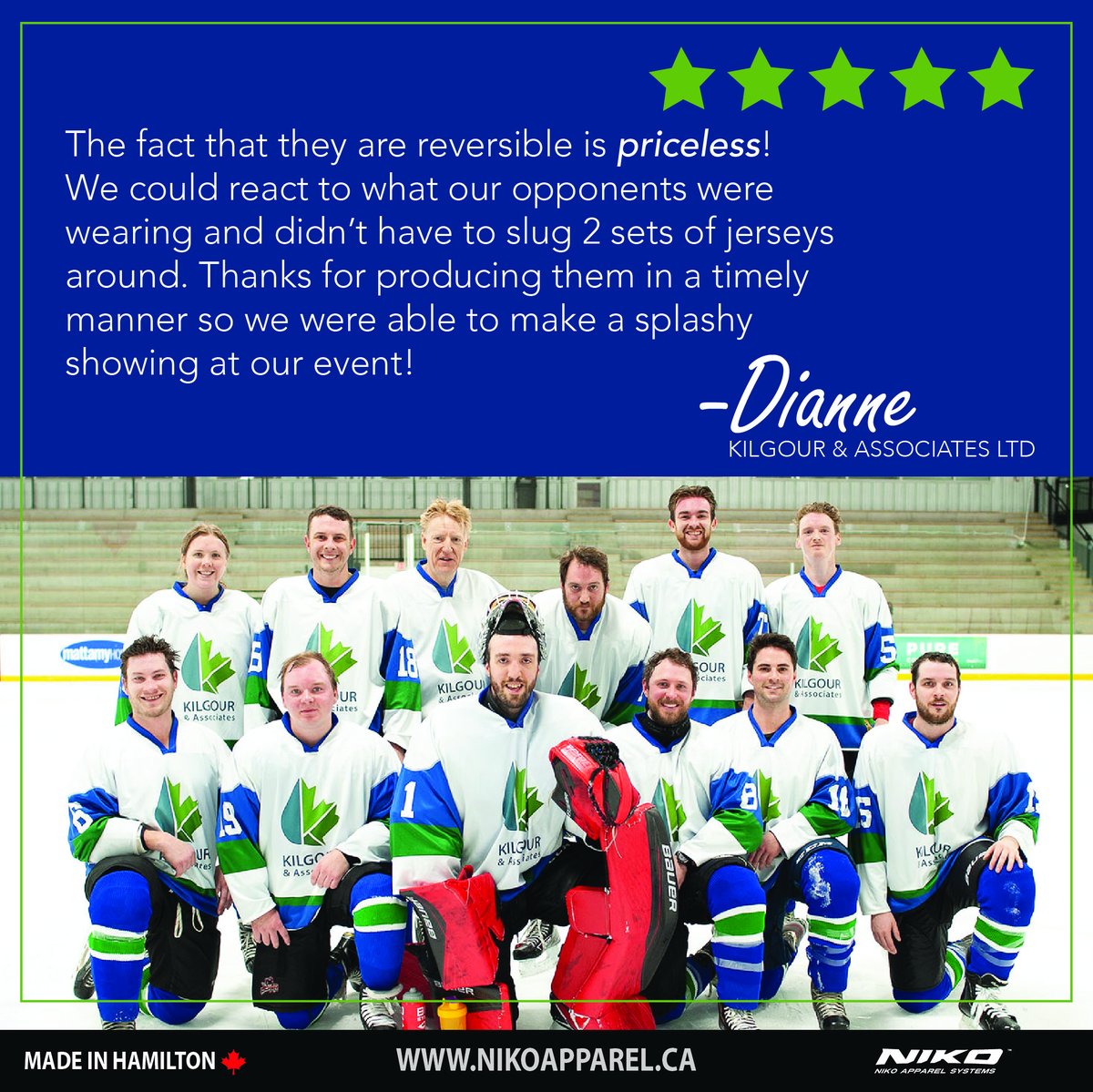 Thanks Dianne! 
The fact that they are reversible is priceless! We could react to what our opponents were wearing &amp; didn’t have to slug 2 sets of jerseys around. Thanks for producing them in a timely manner so we were able to make a splashy showing at our event!
