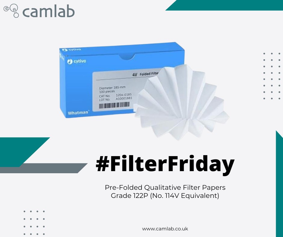 Camblab's tweet image. Camlab Grade 122P pre-folded general purpose #filterpapers are strong with surfaces, have a fast filtration velocity &amp;amp; are suitable for coarse particles &amp;amp; gelatinous precipitates, and general #laboratory use.

Shop:
ow.ly/nTAJ50MO0BP

 #FilterFriday
