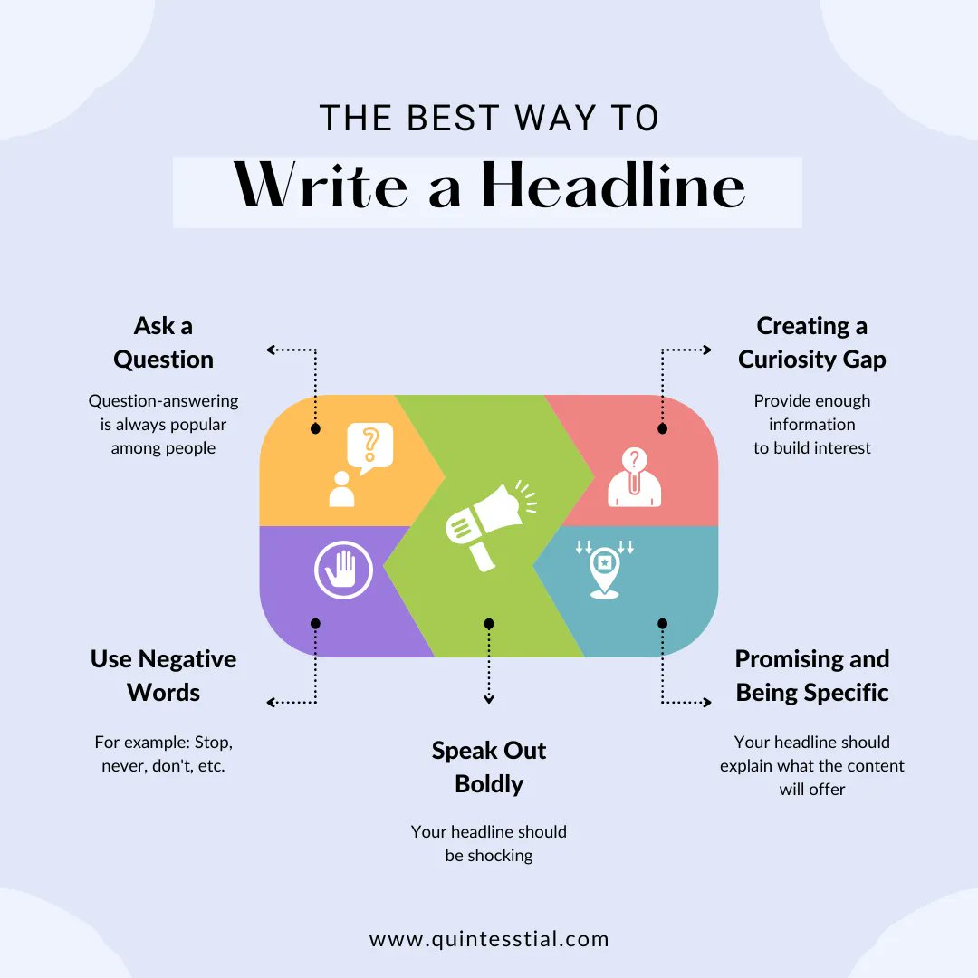 Quintesstial's tweet image. Feeling lost while writing headlines? 📑
Here is a quick guide to help you write strong and effective headlines in no time.
Want to know how we can help you? Connect with us at buzz@quintesstial.com
#quintesstial #qmm #contentdevelopment #digitalmarketing