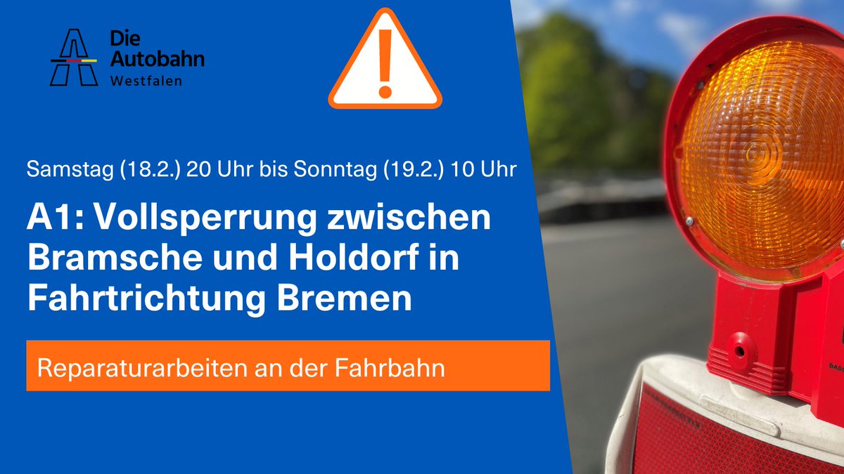 Autobahn_Westf's tweet image. Auf der #A1 reparieren wir zwischen #Bramsche und #Holdorf die Fahrbahn. Deshalb ist die A1 ab morgen Abend (20 Uhr) bis Sonntagmorgen (19.2./10 Uhr) in Ri. Bremen voll gesperrt ⚠️⛔ #autobahn #verkehr