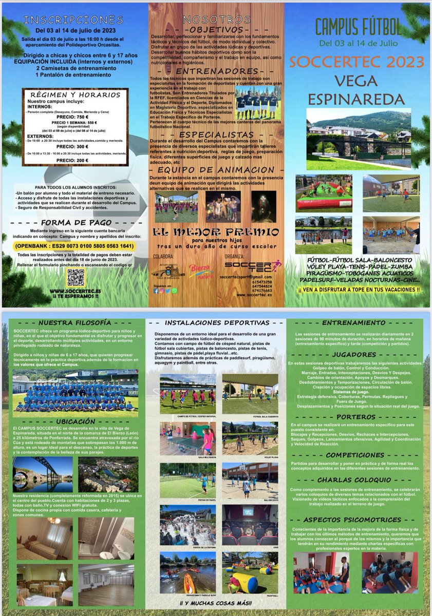 IV CAMPUS SOCCERTEC 2023 VEGA ESPINAREDA (LEON).                                    Felices y contentos de volver otro año más a esta preciosa localidad para disfrutar de 12 días inolvidables llenos de alegría y diversión.Más información e INSCRIPCIONES en soccertec.es/iv-campus-socc…
