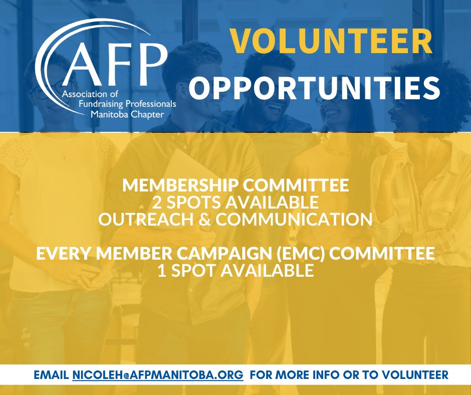 Would you like to help further philanthropy while making great connections? 

If you're even just a little bit curious, let's chat! Contact Nicole from the board at nicoleh@afpmanitoba.org 

MORE INFO at community.afpglobal.org/afpmanitobacha…

#Manitoba #Volunteer