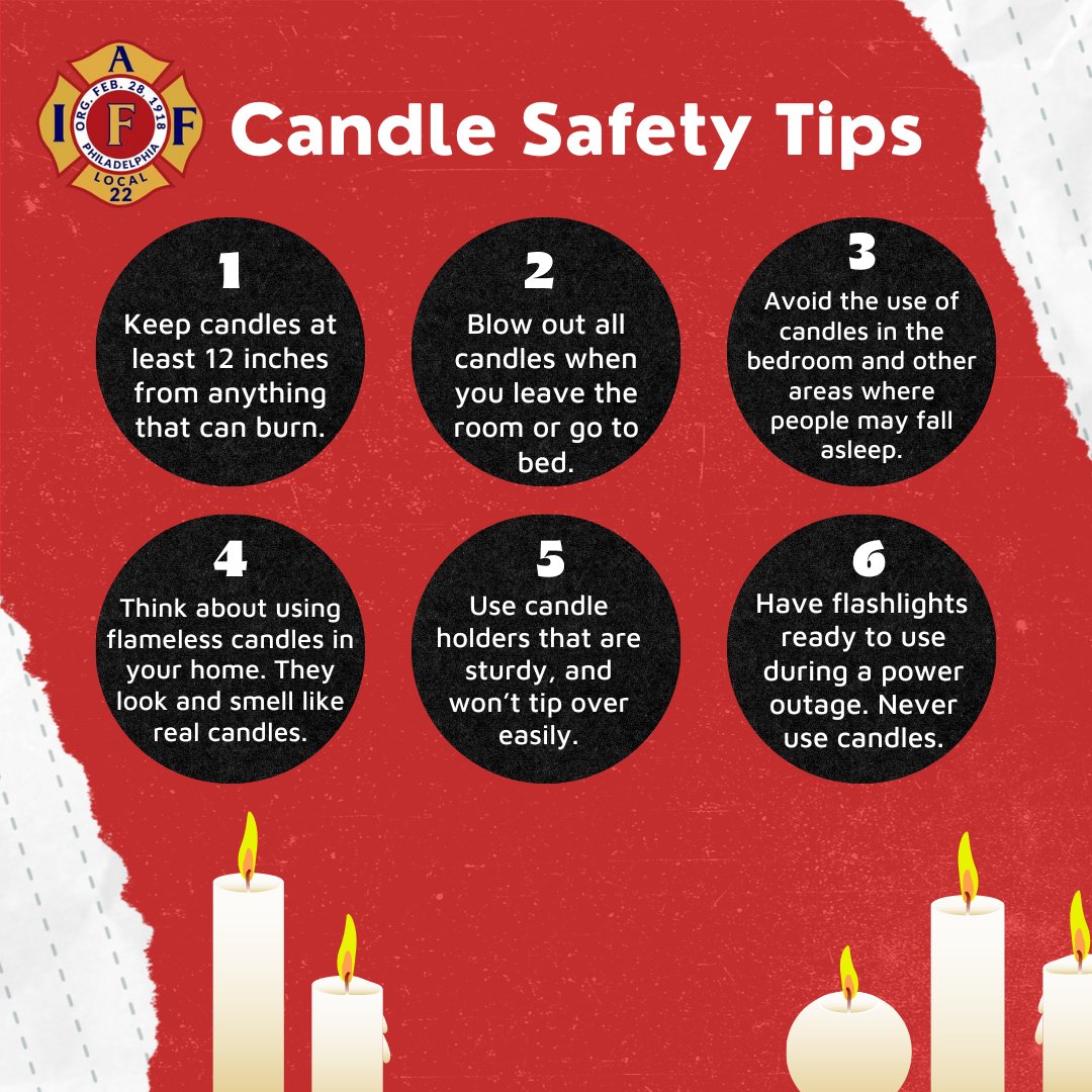 Local22Philly's tweet photo. On average, 20 home candle fires are reported every day. Learn how you can reduce the risk and avoid a potential home fire.
#iaff22 #phillyfirefighers #philadelphiafirefighters #philly #philadelphia #firstresponders #firefighters #EMT #firesafety #local22 #firesafetytips https://t.co/tfTwyNjMYf